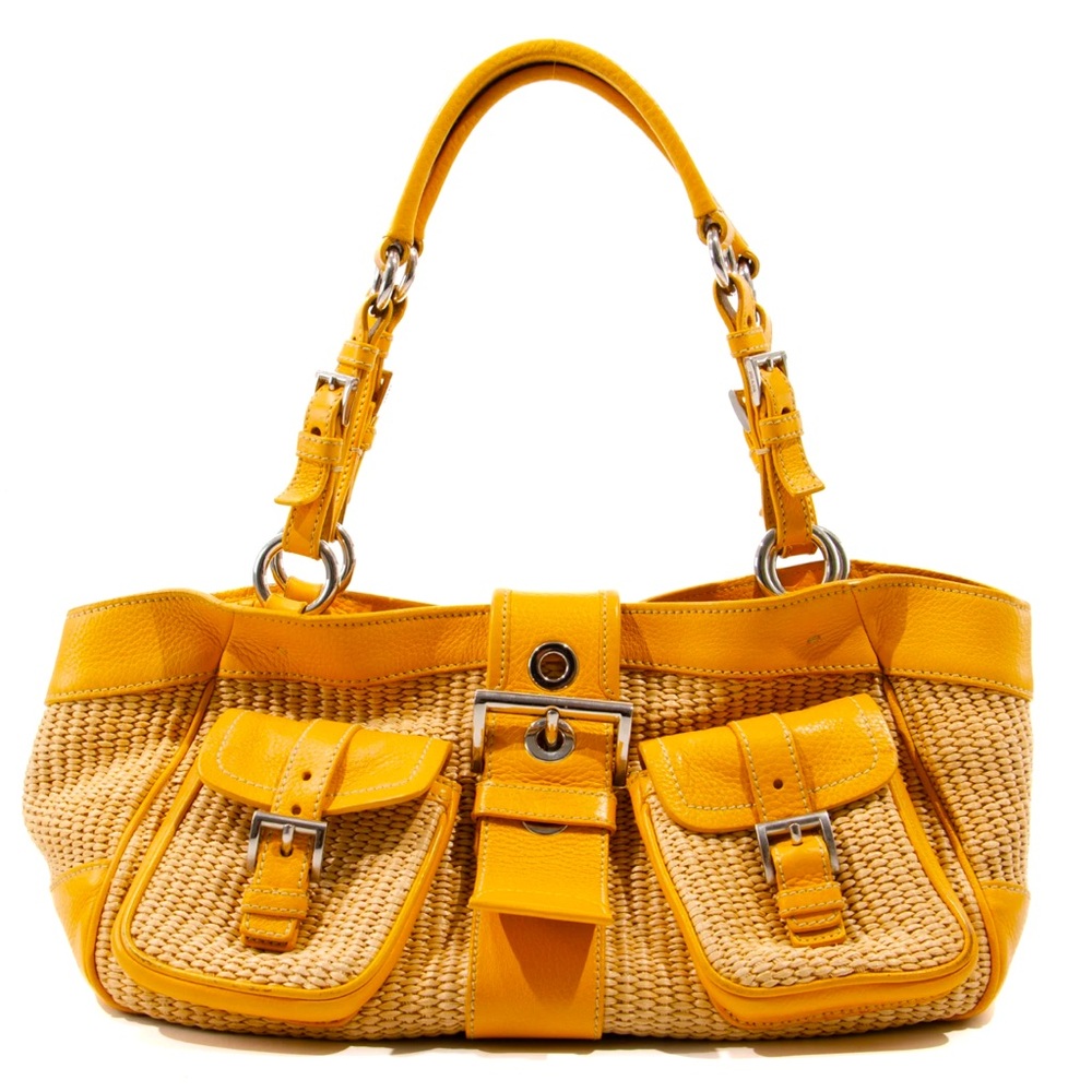 PRADA Yellow Leather Beige Straw Paglia Vitello Daino Satchel Bag Made in Italy